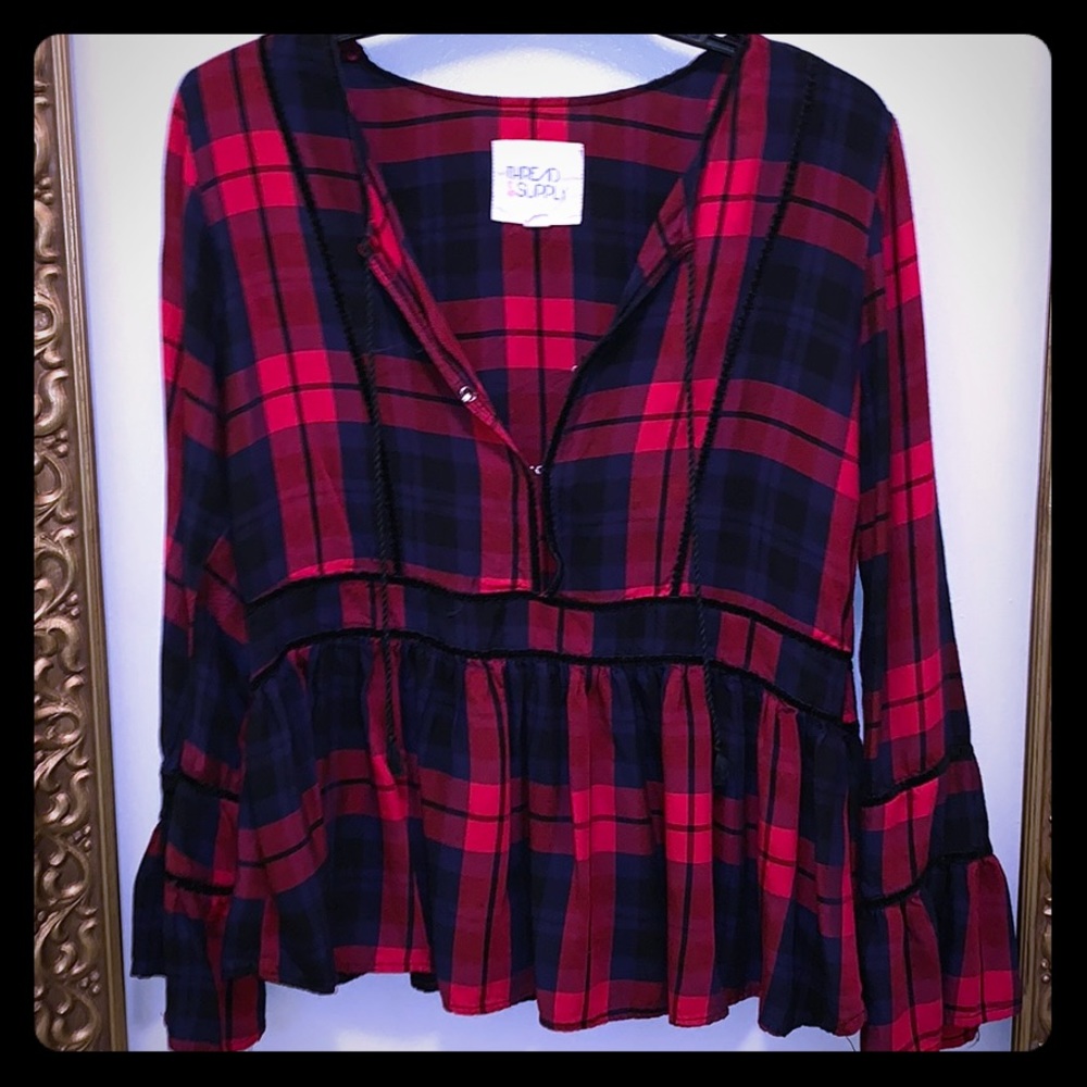 Red and black plaid shirt with flare sleeves